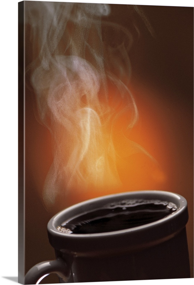 This large vertical piece is a picture taken of a cup of black coffee with steam coming off of it.