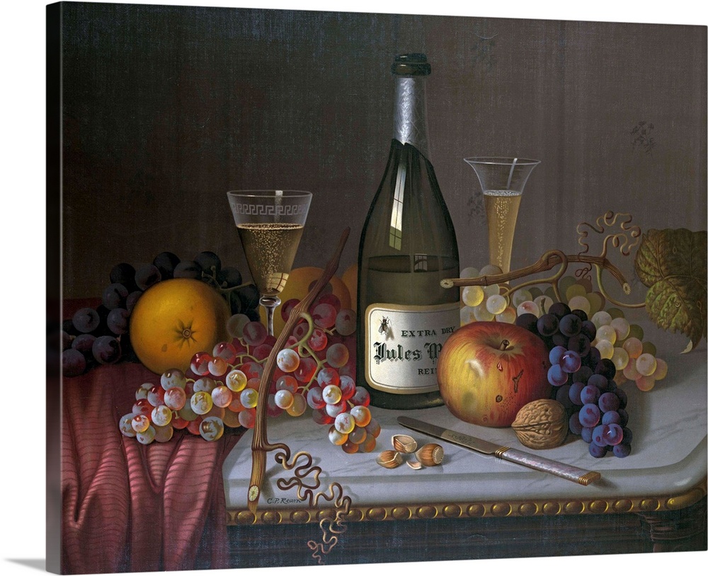 Still Life with a Bottle of Champagne and Two Glasses, with Various Fruit, published by the Louis Prang, Co., New York, c....