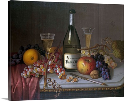 Still Life With A Bottle Of Champagne And Two Glasses, With Various Fruit