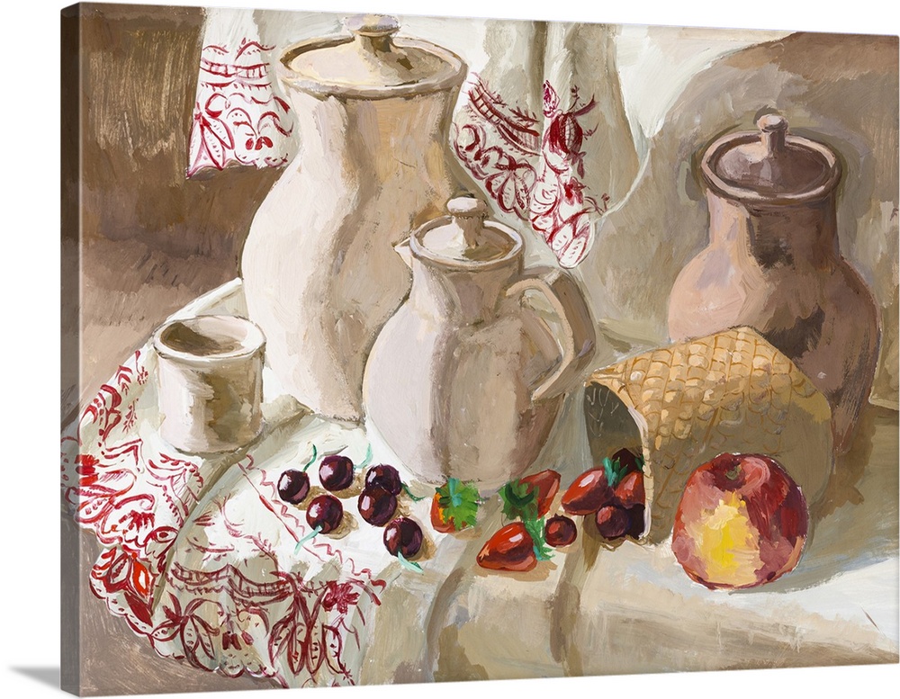 Still life with earthenware jugs, jars, and fresh berries poured out of a birch bark basket.