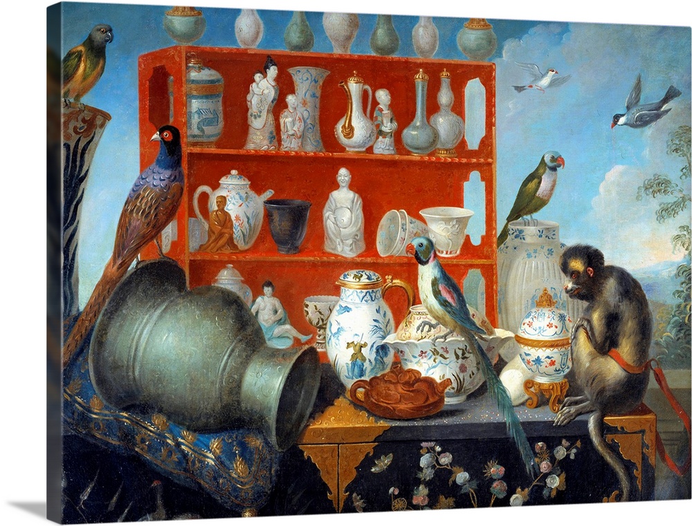 Chinoiserie en trompe l'oeil . Still life with porcelain dishes, monkeys and birds. Anonymous French painting of the 18th ...
