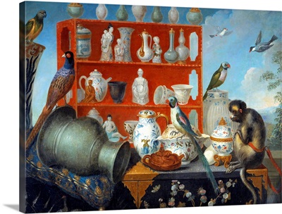 Still life with porcelain dishes, monkeys and birds