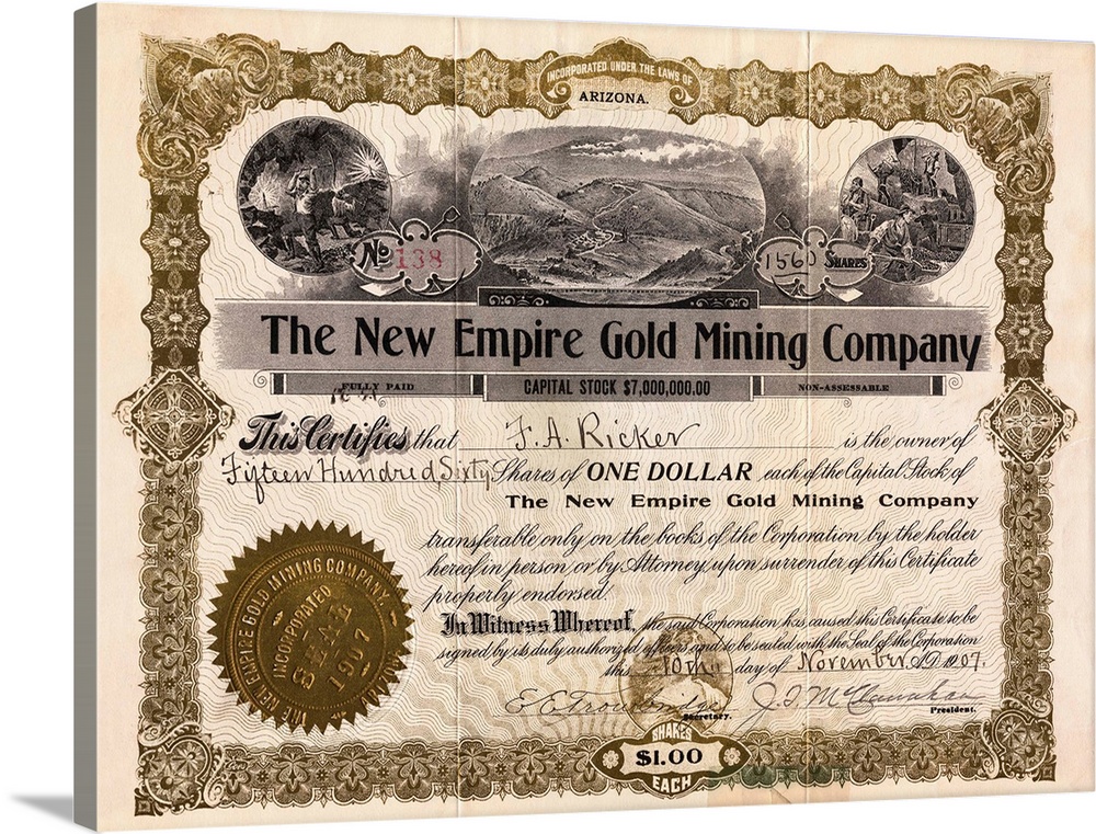 The New Empire Gold Mining Company, Stock Certificate.