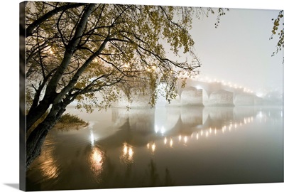 Stone bridge in fog, Zaragoza.