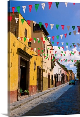 Street In San Miguel De Allende Decorated With Colorful Flags