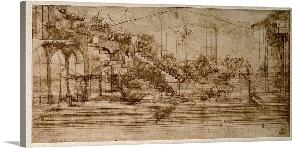 This drawing is a perspective study for Adoration of the Magi, an unfinished work by Leonardo da Vinci. Located in: Galler...