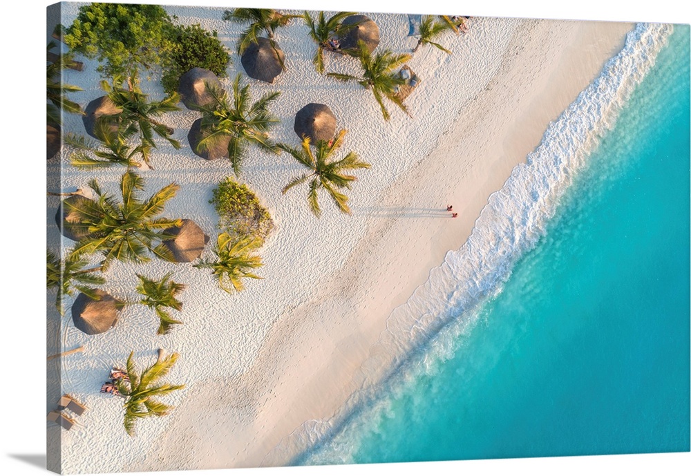 Aerial view of umbrellas and palms on a sandy beach by the Indian Ocean at sunset in Zanzibar, Africa.