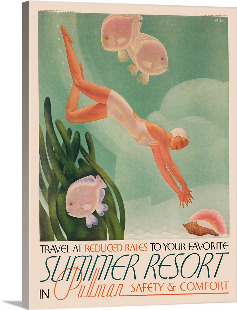 Travel at reduced rates to your favorite summer resort in Pullman safety and comfort. Ca 1930s. Illustrated by William P. ...