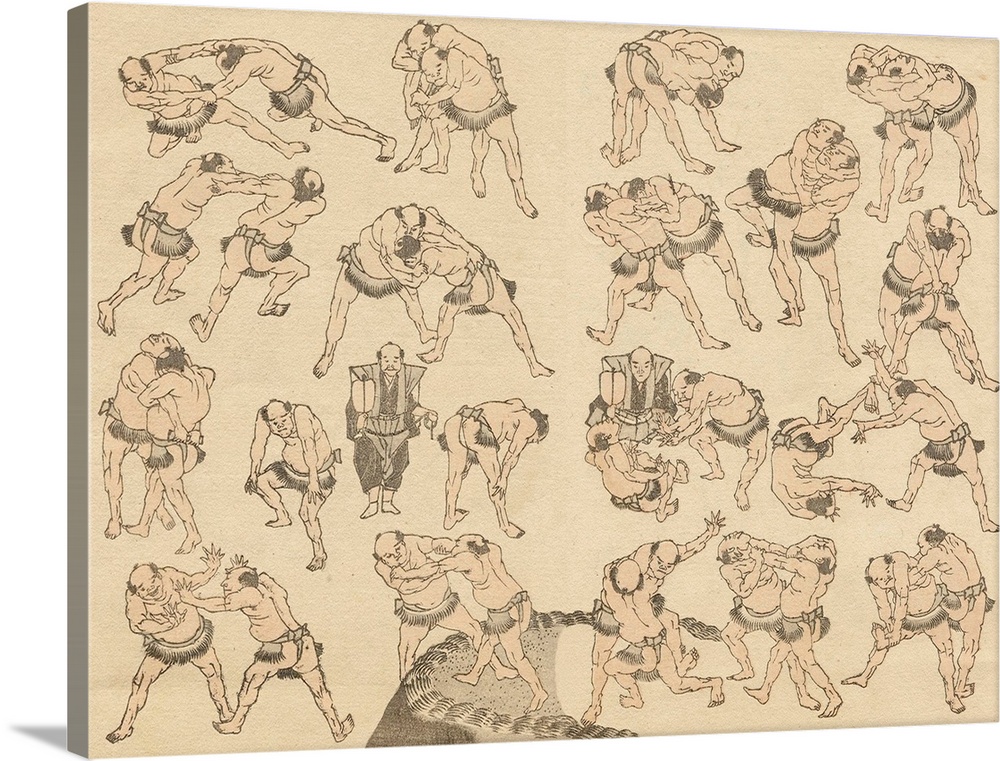 Sketch of sumo wrestlers showing many different holds, from The Hokusai Manga (Random Sketches by Hokusai), a collection o...