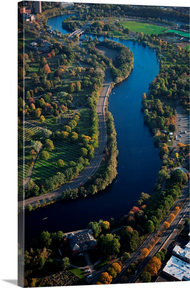AERIAL VIEW of Charles River through Cambridge, Boston, MA