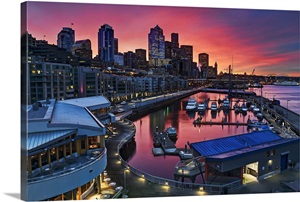 Sunrise at pier 66 looking down on bell harbor on Seattle's waterfront ...