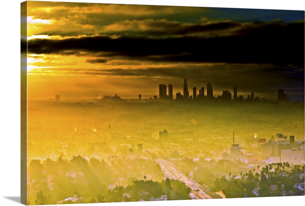 Sunrays over Los Angeles and Hollywood, California.