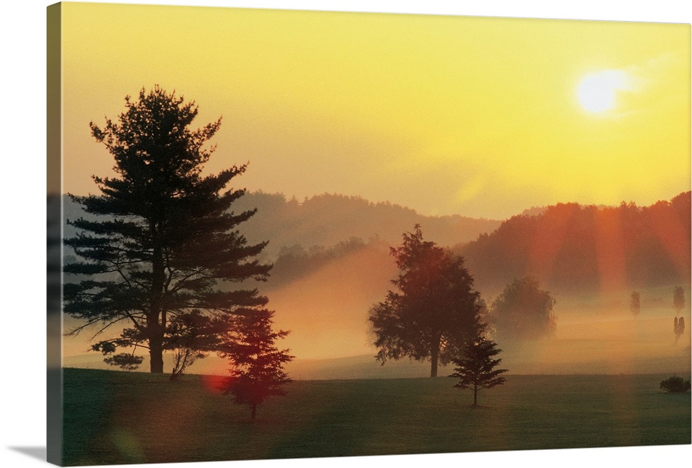 Sunrise over rural landscape with fog