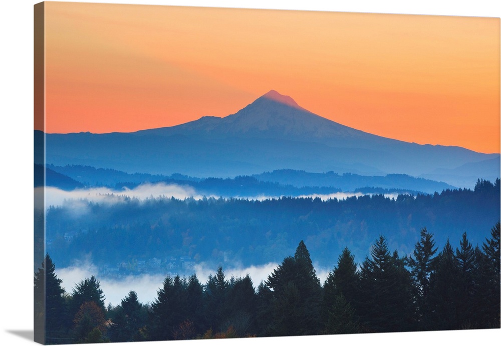 sunrise thru morning fog adds beauty to Mt. Hood from Happy Valley, Oregon, Pacific Northwest.