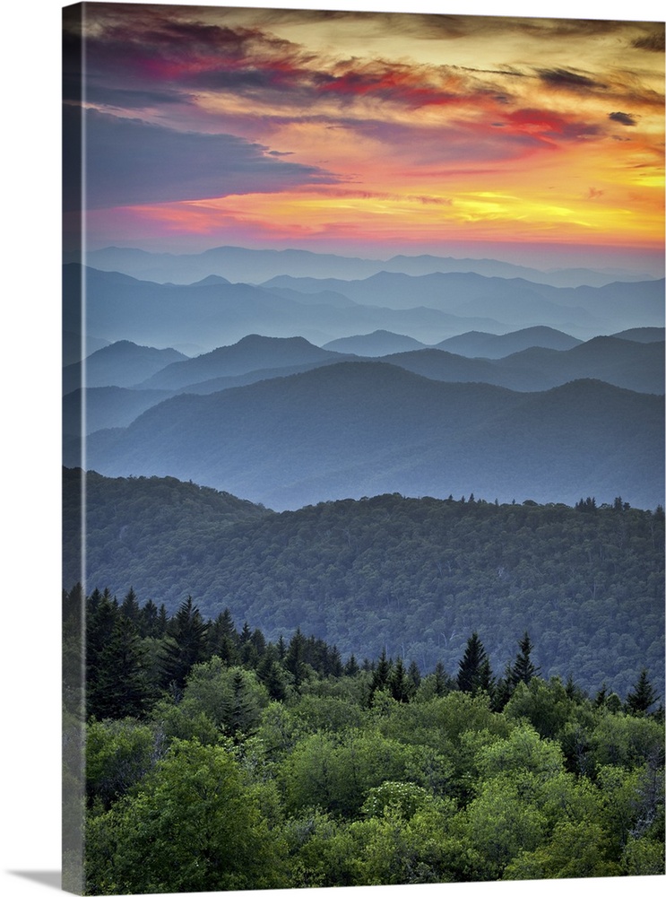 Blue Ridge Parkway scenic landscape with the Appalachian Mountain ridges and sunset  over Great Smoky Mountains National P...