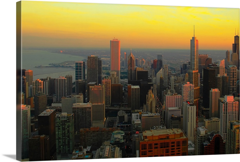 Large wall docor of the downtown Chicago skyline at sunset.