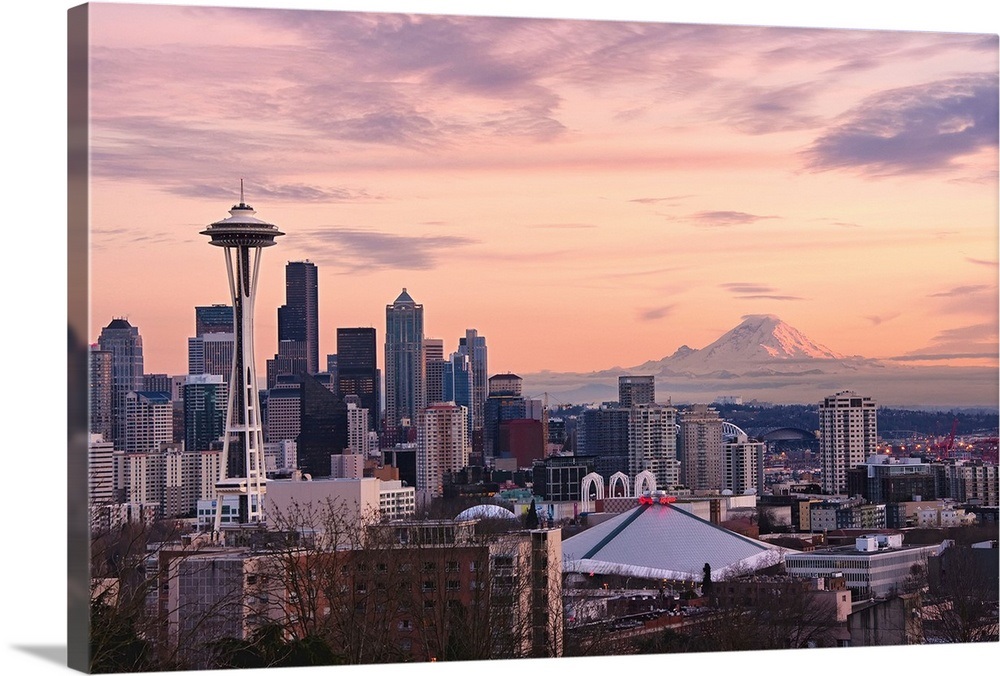 Sunset view of downtown Seattle and Mount Rainier in distance Wall Art ...