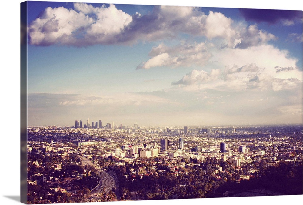 Hollywood bowl overlook, hhollywood in foreground and downtown Los Angeles in back.