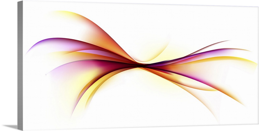 Abstract artwork of warm colored curves that expand out from the center of this large white canvas.