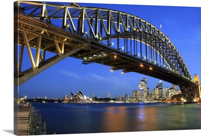 Sydney Harbour Bridge, Sydney Opera House and city skyline at dusk
