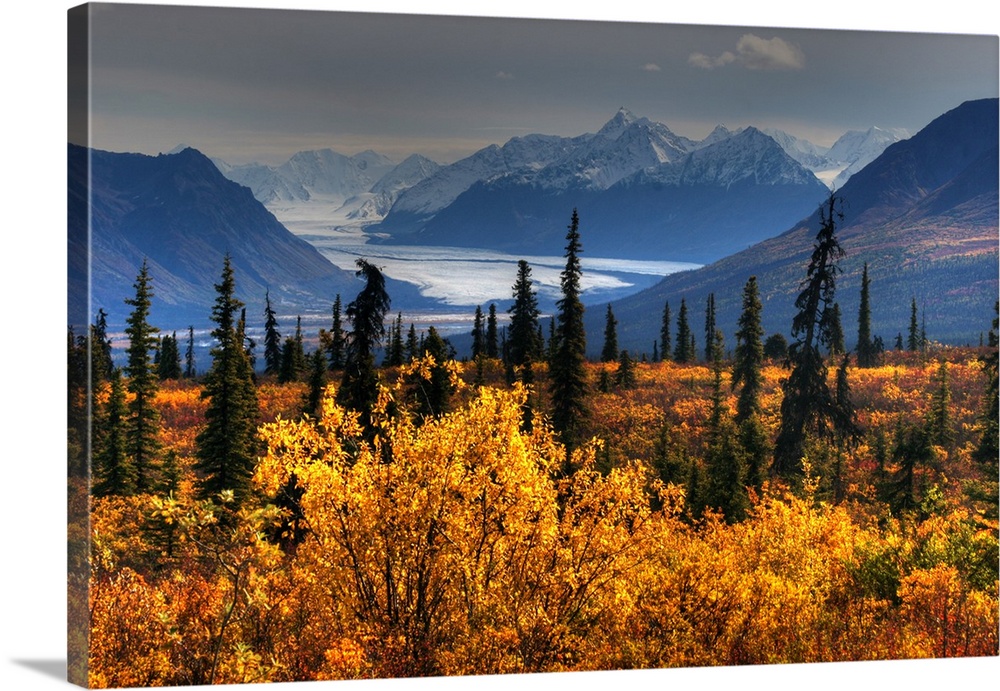 Somewhere along the Glenn highway, a distant glacier (probably Nelchina glacier) seen below the Chugach Mountains, Alaska,...