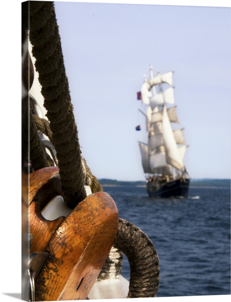 A three mast, 47 meter dutch tall ship with all 16 sails deployed shot from on board of a swedish 32 meter schooner from 1...