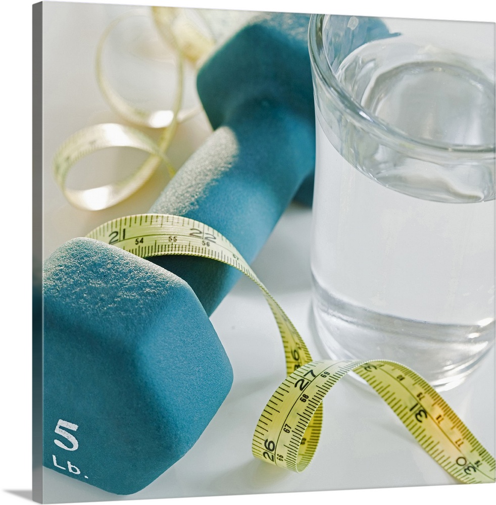 Square photograph on a large canvas of a glass of water sitting next to a five pound weight, a soft tap measure curling ar...