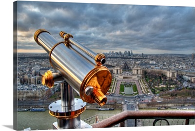 Telescope from Eiffel Tower and view of Trocadero, and Paris roofs, Paris, France.