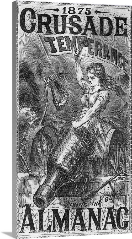 Propaganda almanac for the Temperance Crusade of 1875. Illustration depicts a woman breaking open a bottle-shaped cannon l...