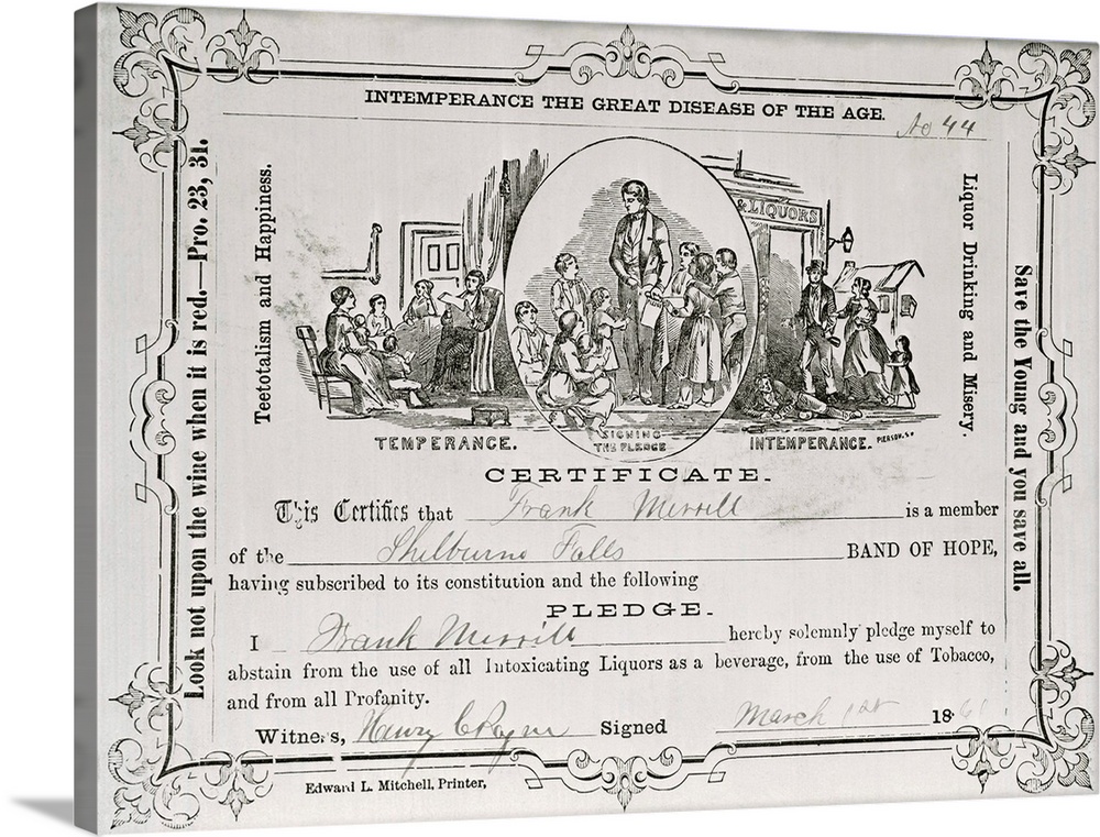 Temperance Society Certificate. Pledge to abstain from drinking signed March 1866.