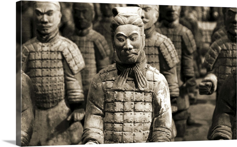 Terracotta warriors stand at attention in this representation of the Terracotta Army in  Lintong District, Xi'an, Shaanxi ...