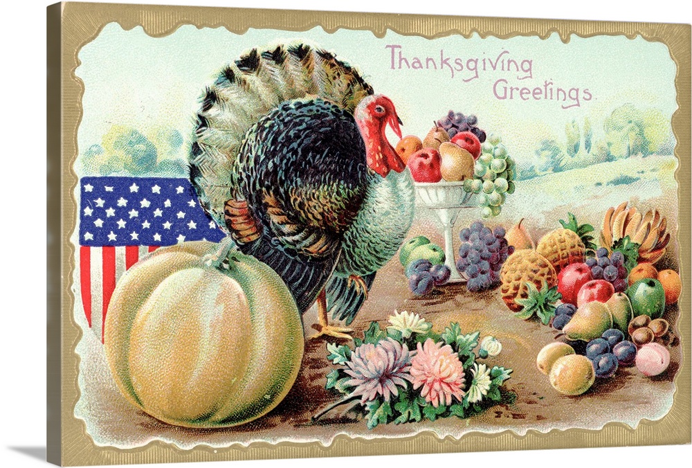 Thanksgiving Greetings Postcard With A Turkey And Fruit