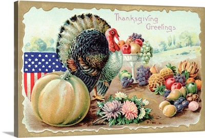 Thanksgiving Greetings Postcard With A Turkey And Fruit