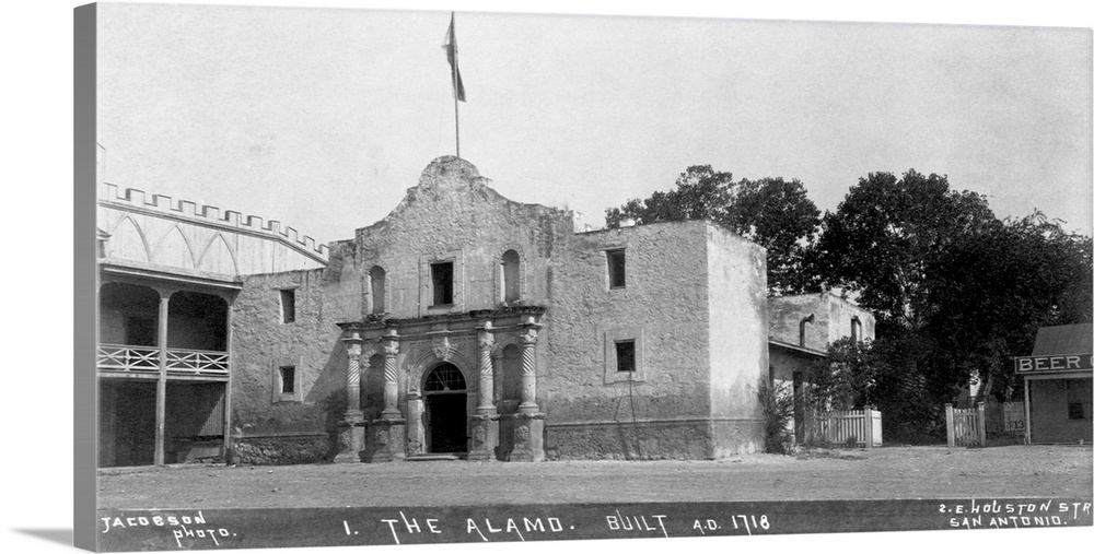 A flag flies over the Alamo, a Spanish Franciscan mission and Texan fort.