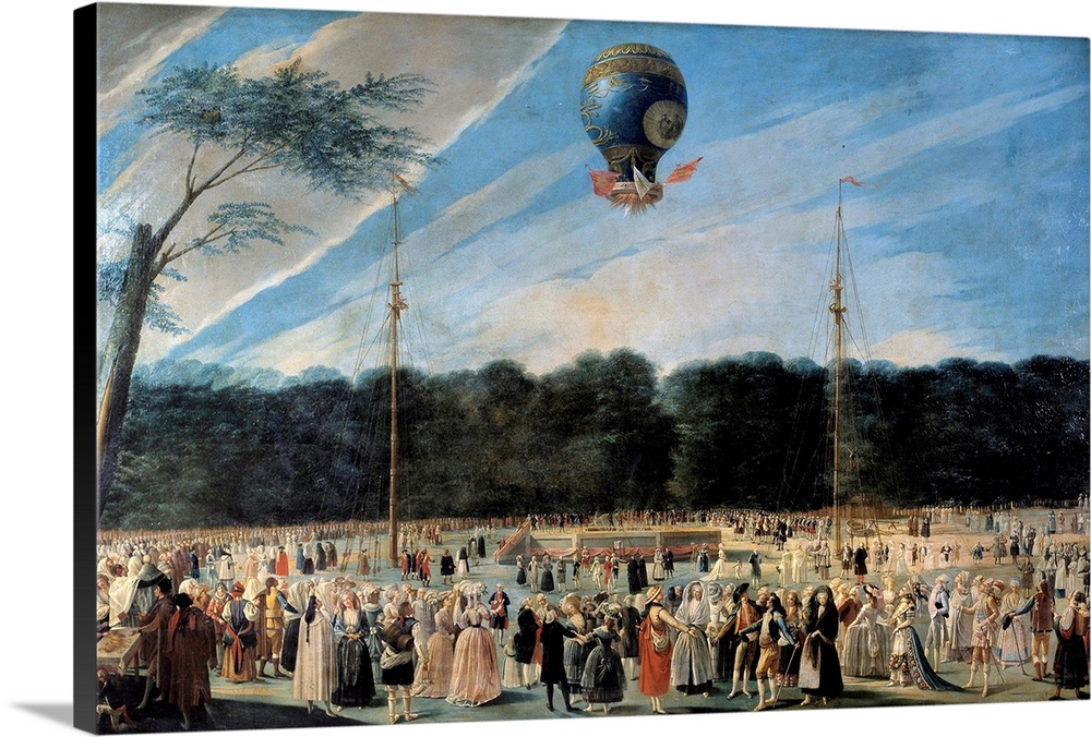 Ballooning Ascension : The Ascent of the Montgolfier Balloon at Aranjuez. Painting by Antonio Carnicero Mancio (1748-1814)...