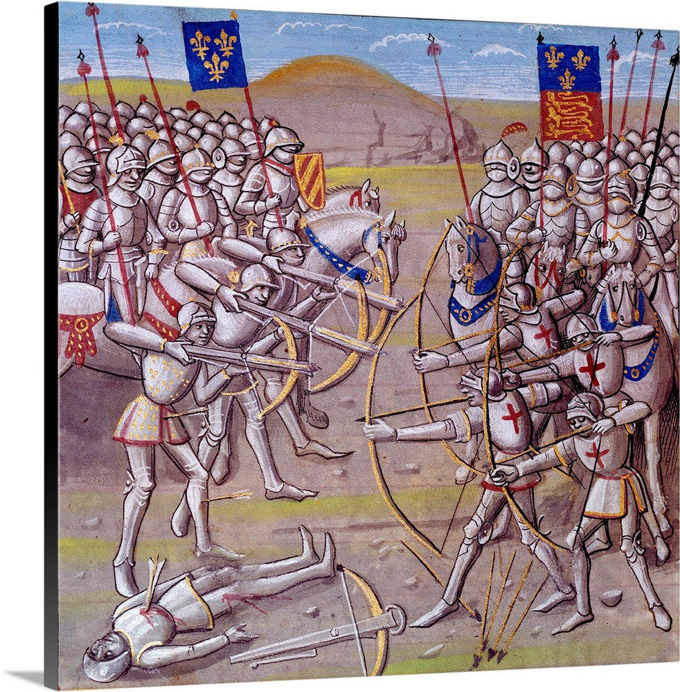 Hundred Years War  the Battle of Crecy on 26 August 1346 between the French and the English forces. Miniature from a manus...