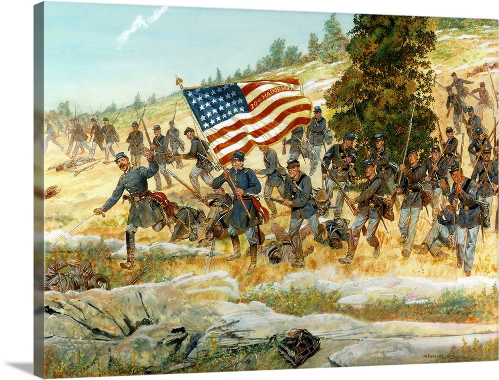 The Twentieth Maine regiment of the Union army charging with their flag in the lead at the Battle of Gettysburg, Pennsylva...