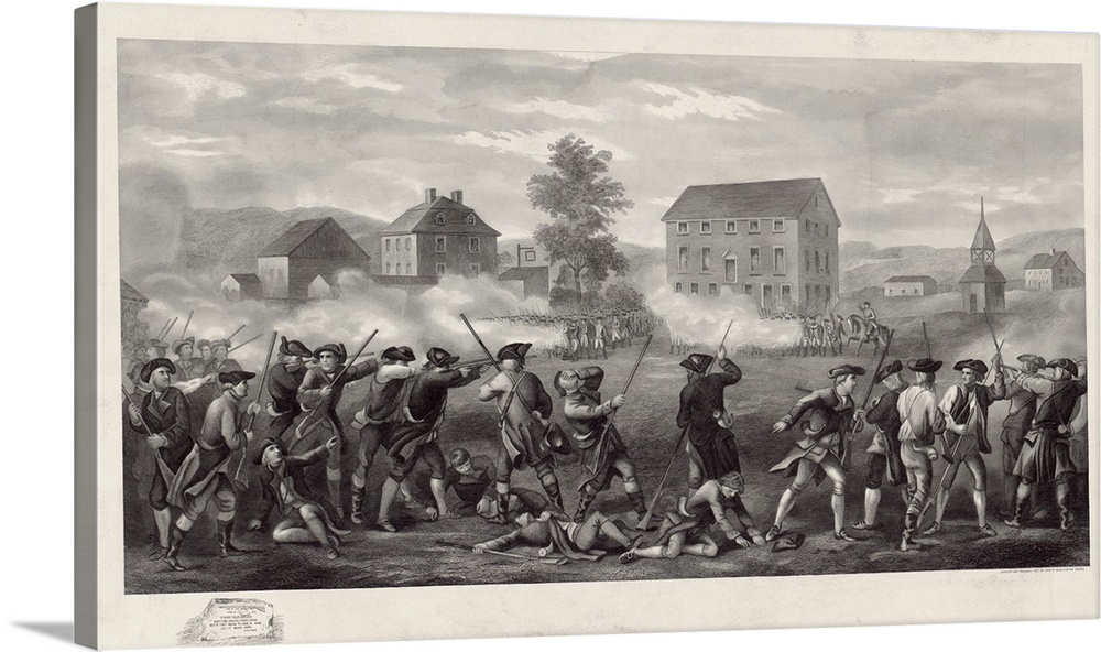 Print shows line of Minute Men being fired upon by British troops in Lexington, Massachusetts. Engraving, circa 1903.