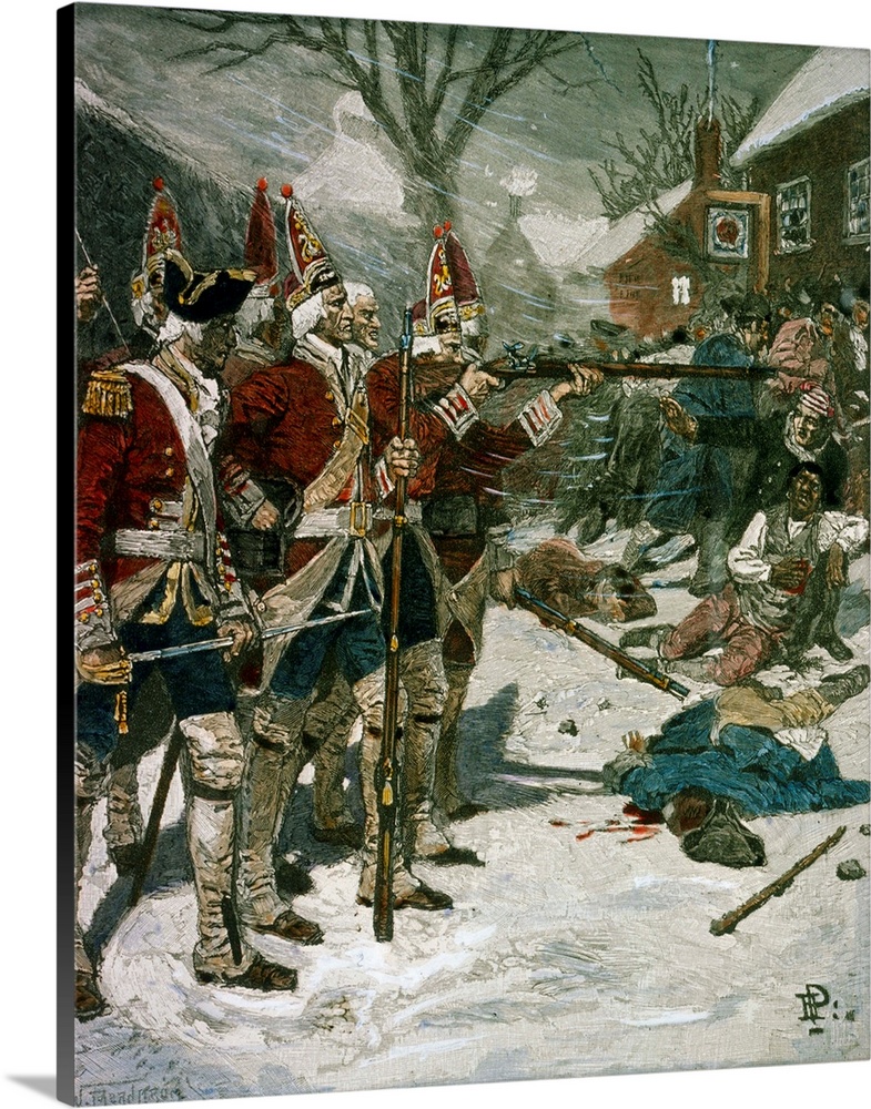 A line of British Soldiers fires on a crowd of unarmed colonists in an attack that came to be known as the Boston Massacre...