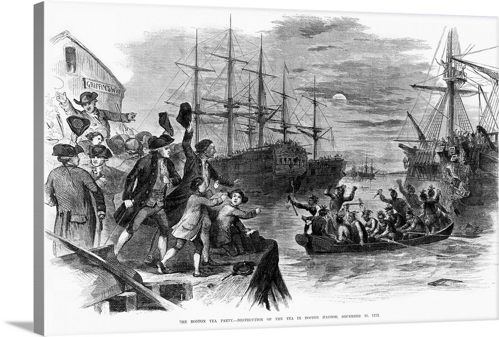 The Boston Tea Party by John Andrew, Ballou's Pictorial, 1856. It represents the scene at Griffin's Wharf, Boston, on the ...