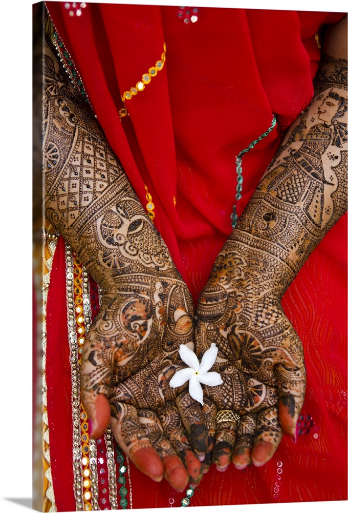 Traditional, intricate henna (menhdi) design on an Indian bride's hands.