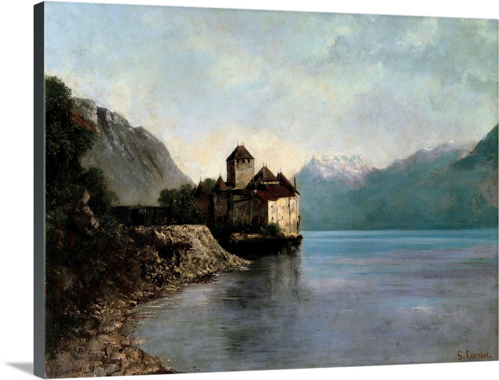 The Castle of Chillon. Evening. A castle by the lake Leman in Switzerland. Painting by Gustave Courbet (1819-1877), 19th c...