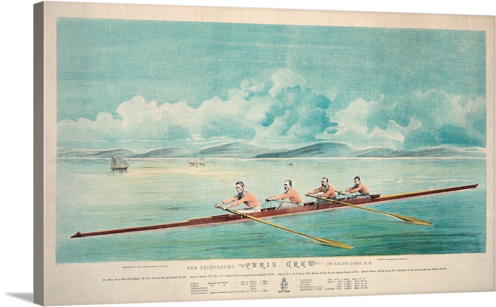 Print from circa 1873 showing four men rowing a racing shell on a large body of water. The print identifies the men and gi...