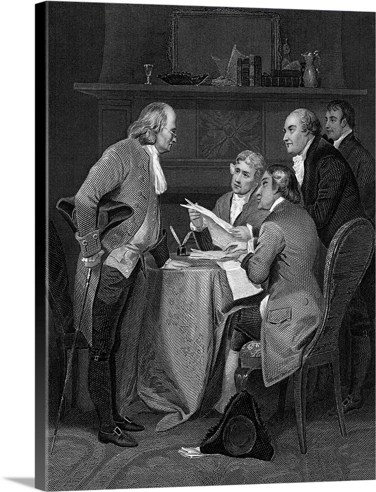 The committee, Benjamin Franklin, Thomas Jefferson, John Adams, Robert Livingston, and Roger Sherman, shown drafting the D...