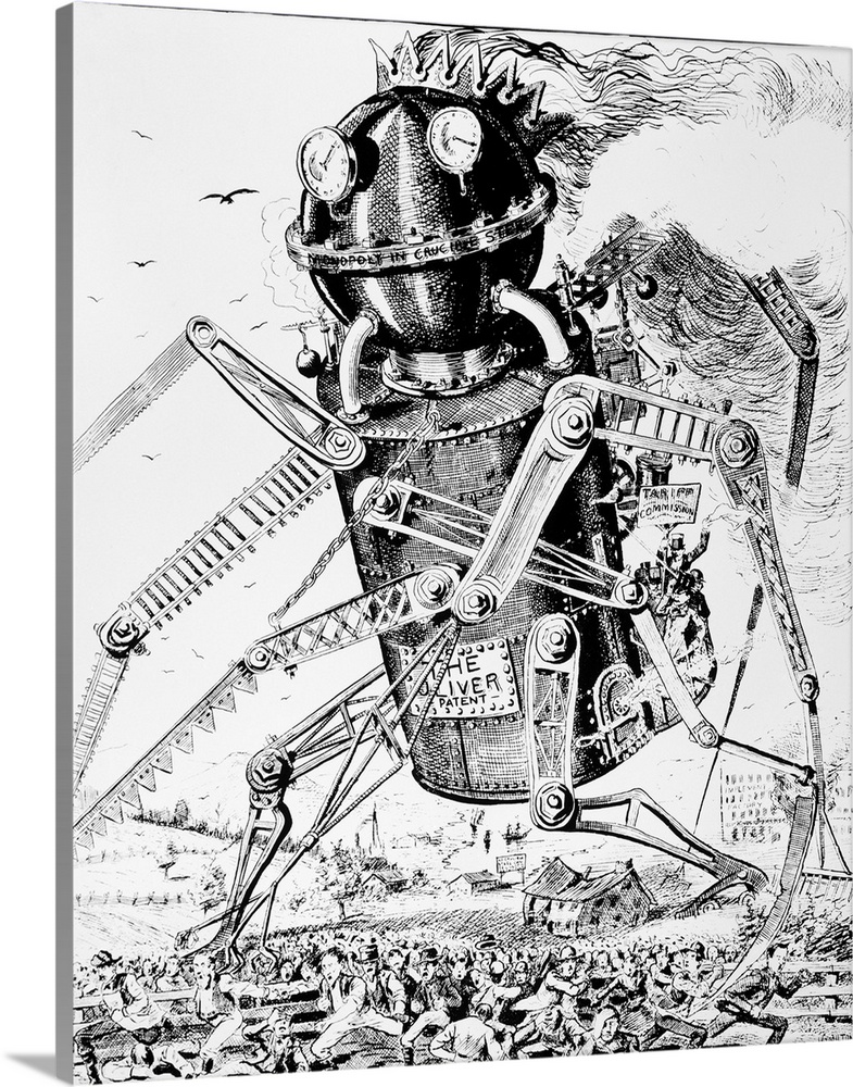 Undated political cartoon showing the Oliver Patent - Monopoly in Crucible Steel - as a giant steam driven robot rampaging...