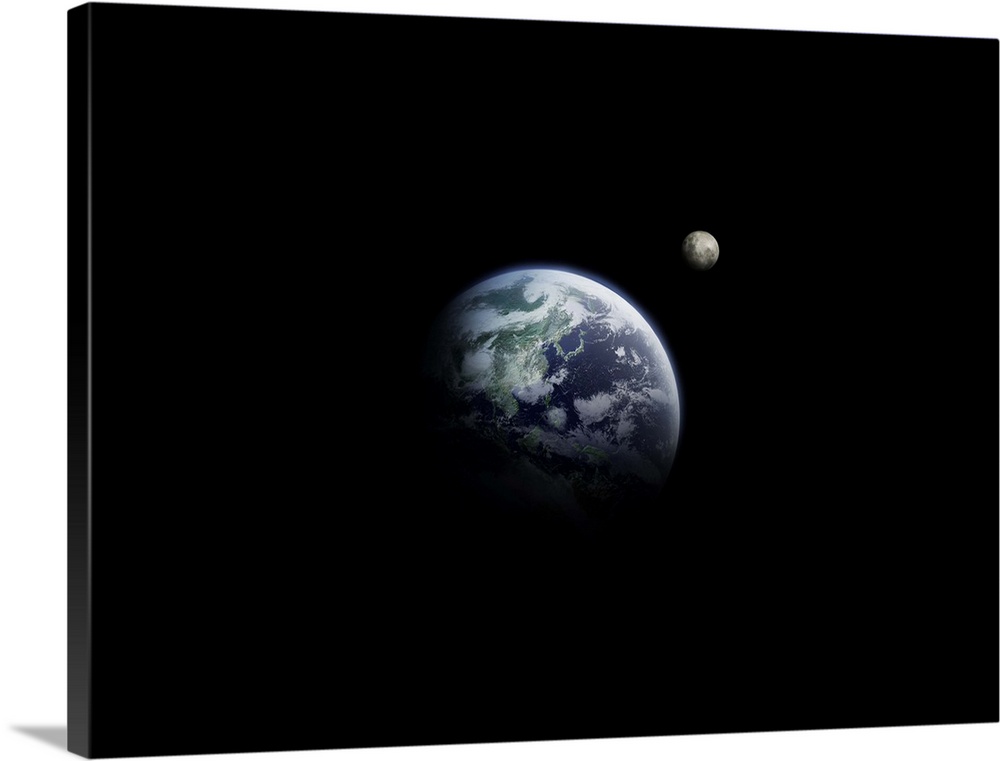 The earth and the moon, computer graphic, black background, copy space