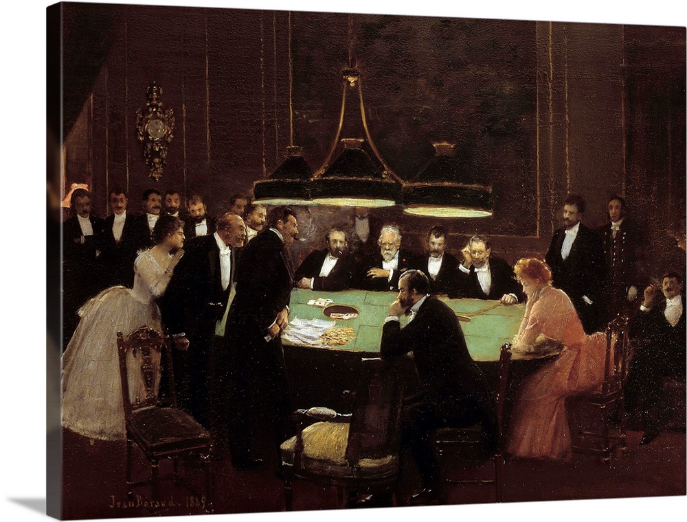 The Game Room. Croupiers and men in dark suits around a gaming table playing roulette in a casino. Painting by Jean Beraud...