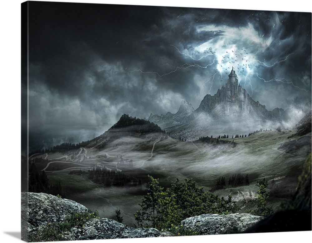 Digital illustration of a dark castle with strong rays and lightning.