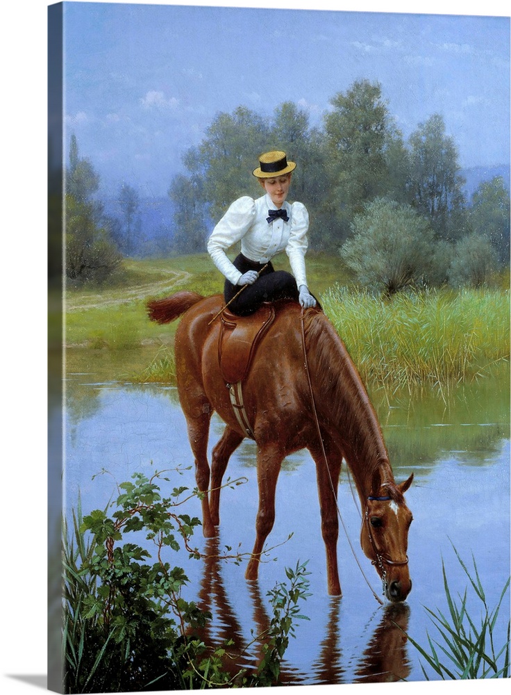 The Halt. A young woman riding side-saddle stops for her horse to drink. Anonymous painting, 20th century. Private collection