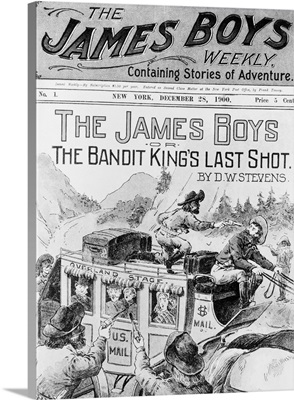 The James boys attacking a stage coach, 1900